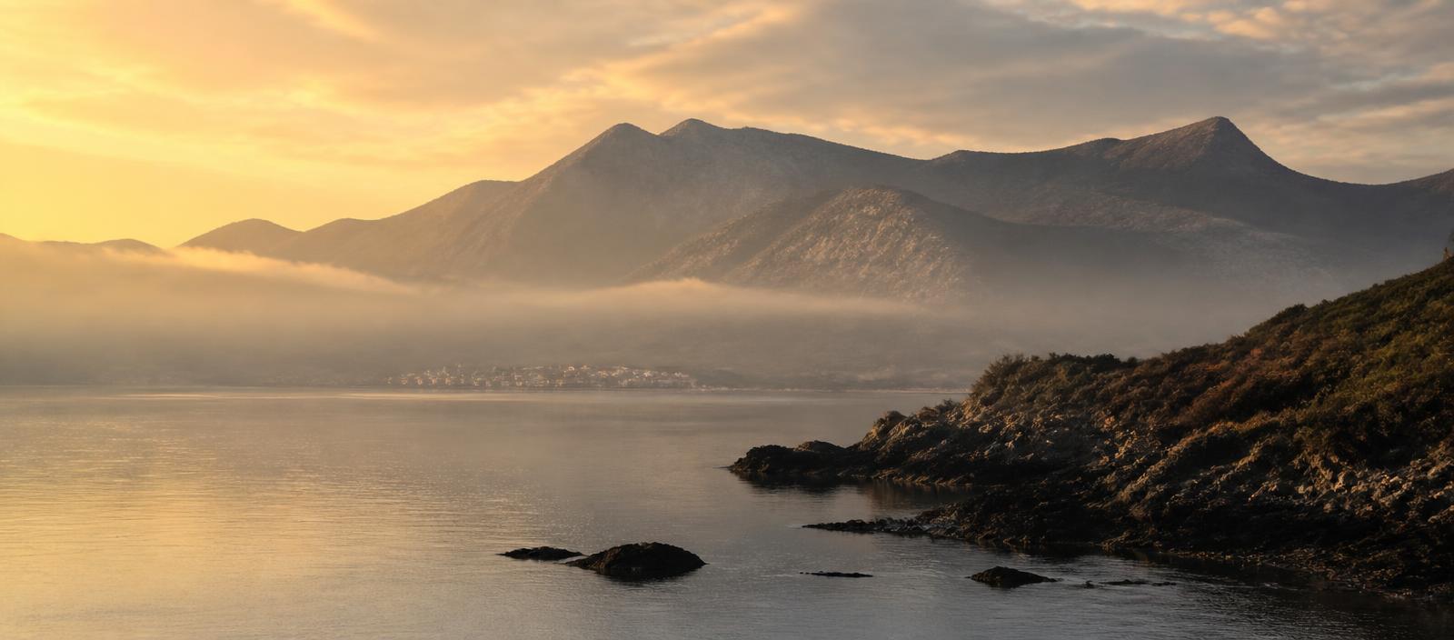 The North Wales coastline and mountains at sunrise